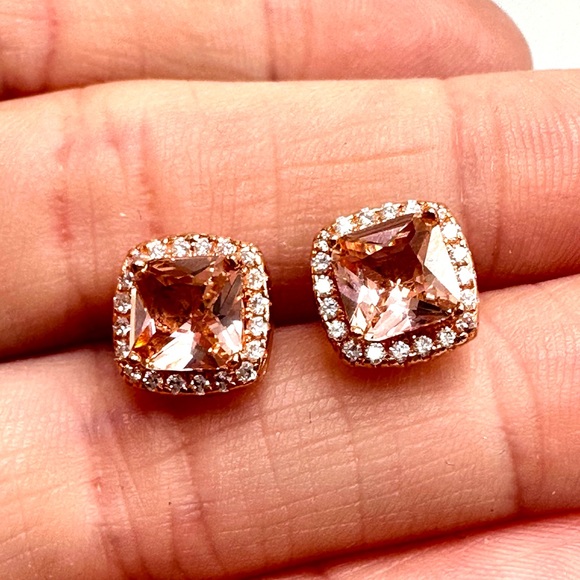 STERLING SILVER 925 Rose Gold Vermeil Stud Earrings CZ Peach & Clear Dainty - Picture 8 of 11